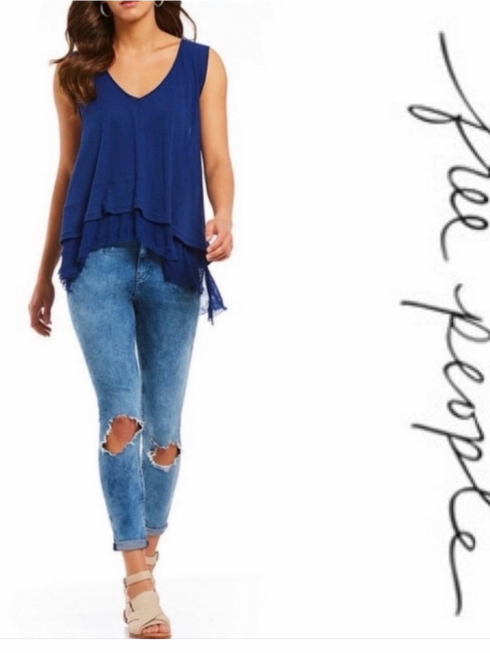 NWT Free People Distressed Peachy tee in blur blue